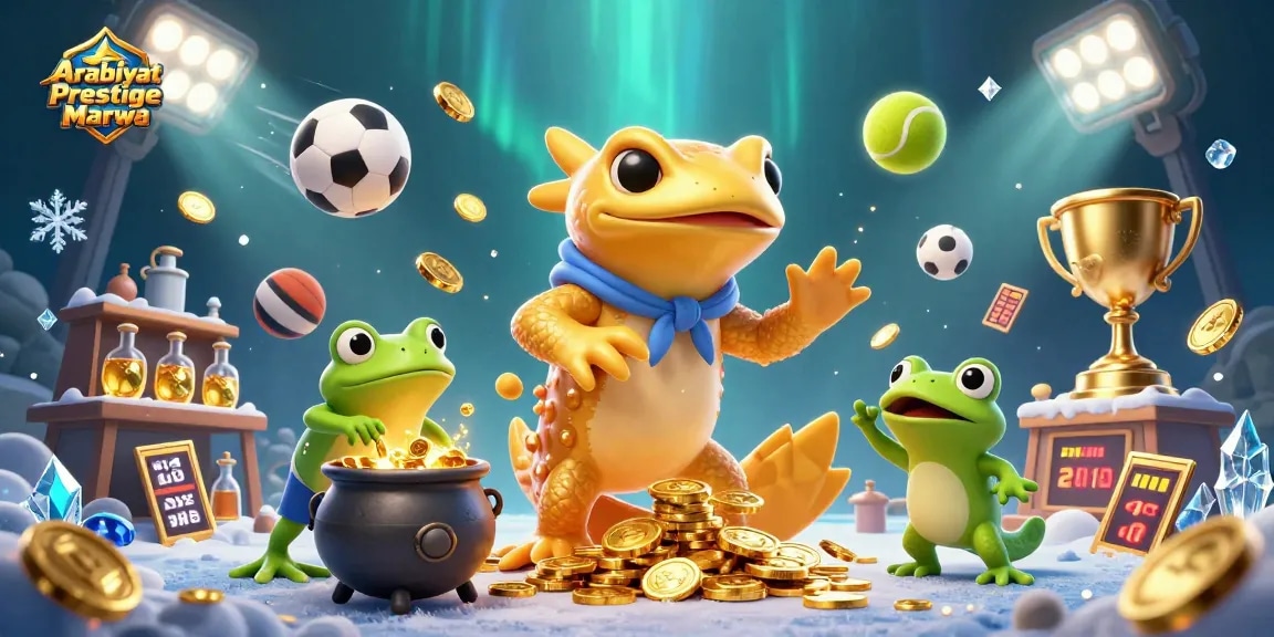 Bet on Arabiyat Prestige Marwa with dynamic sports elements and golden coins surrounding a lively 3D scene.