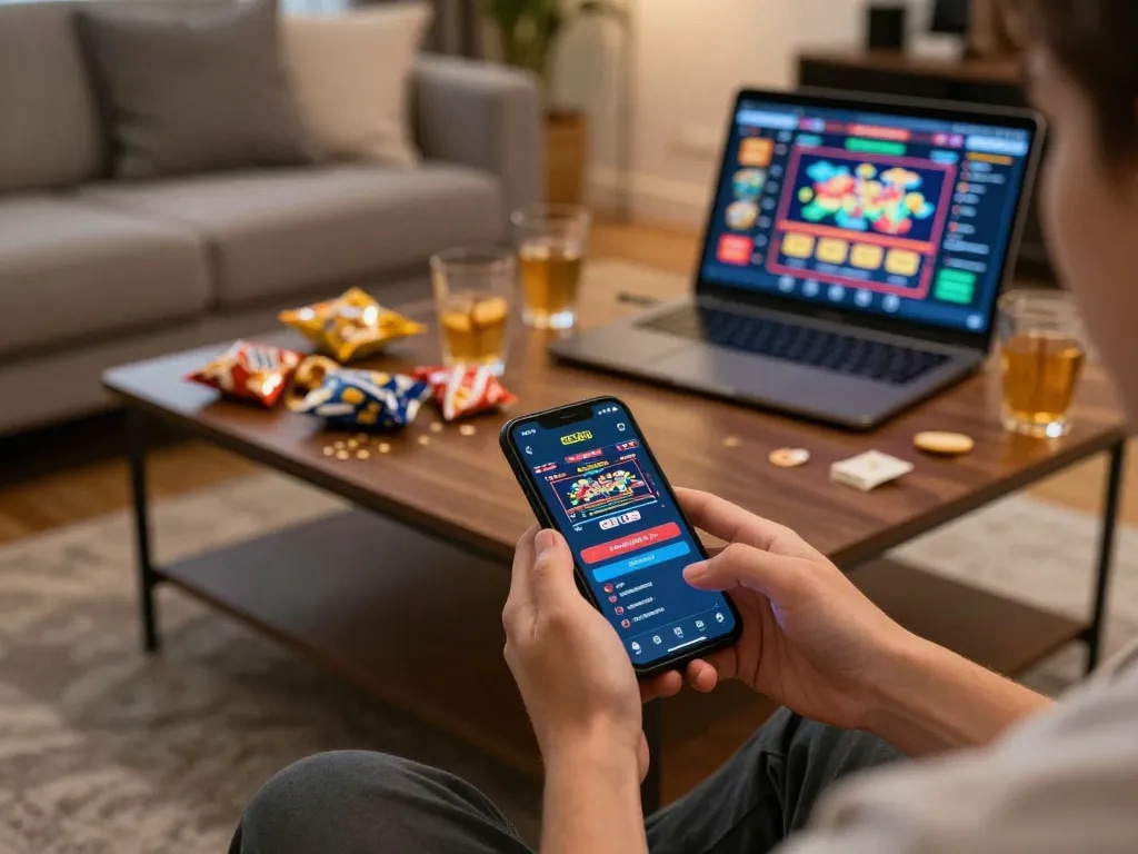 Engaged player on SC 88 mobile app gambling in cozy home setting