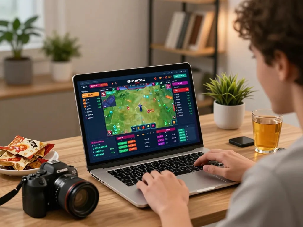 Excited user analyzing live odds on 88go's online sports betting platform at home.