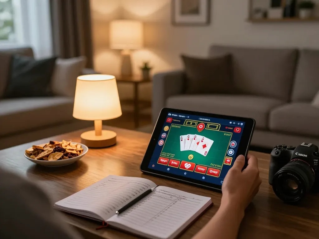 Engaging in online poker games on Fabet with a stylish home setup and strategic notes.