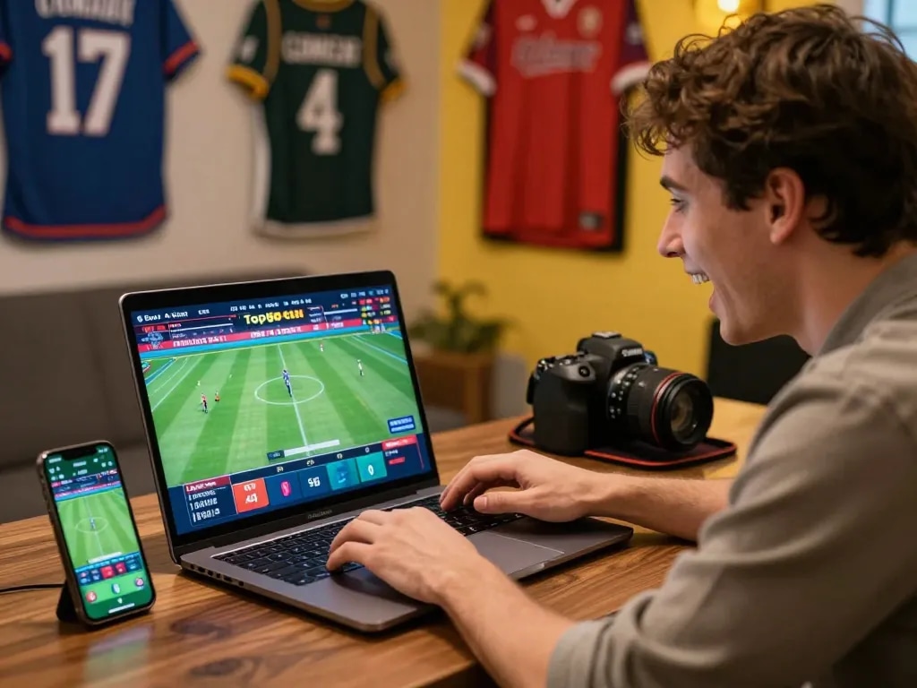 Excited user placing a bet on Topbet with vibrant sports graphics.