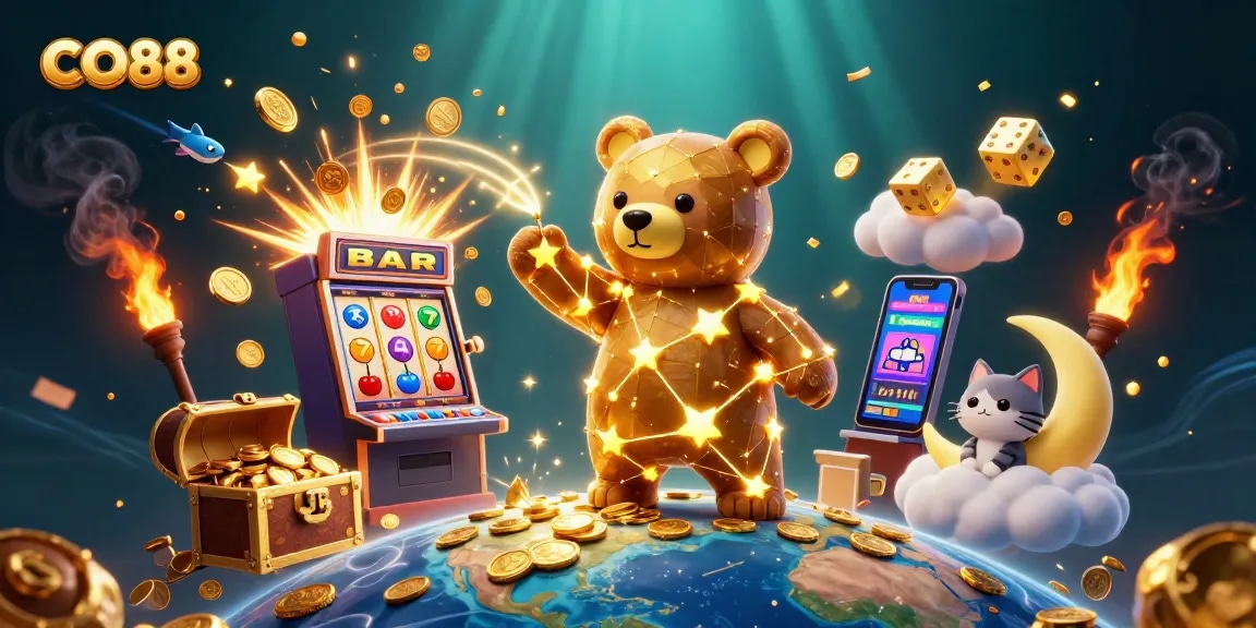 Spin the reels and win big at CO88 with a vibrant illustration of stars, coins, and a slot machine.