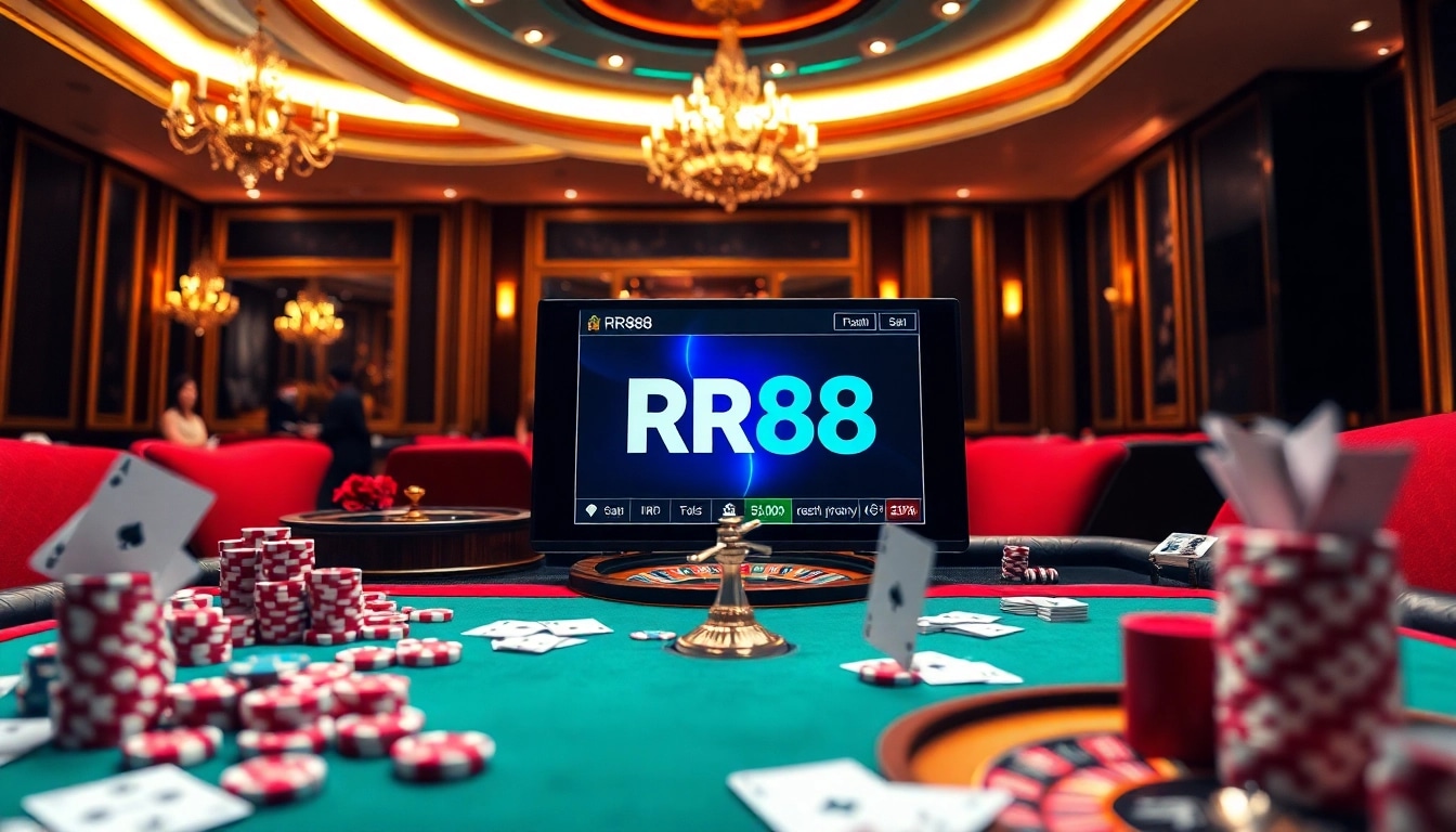 Experience the excitement of RR88 dang nhap with vibrant casino visuals and luxury gaming elements.