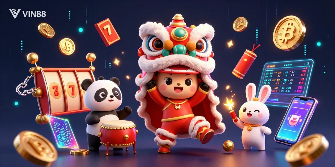 Celebrate wins with VIN88's vibrant casino illustration, featuring lively characters and dynamic game elements.