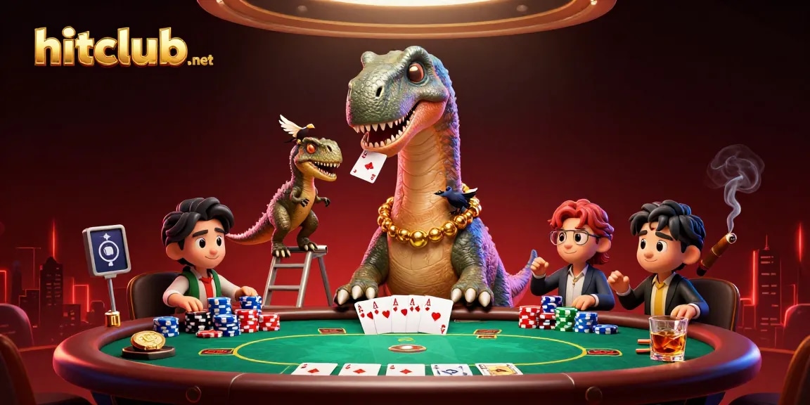 Experience thrilling gameplay at hitclub-net with a vibrant poker scene featuring a towering brontosaurus dealer.