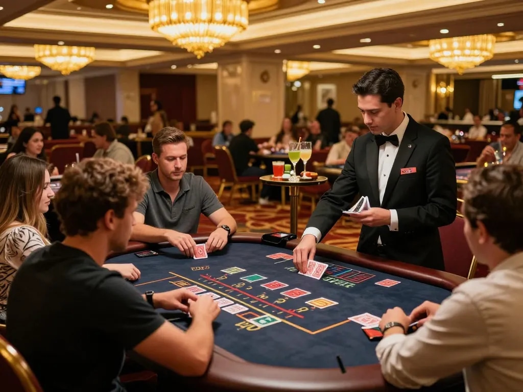 Engaged players at Fabet com's exclusive blackjack table showcasing high-stakes gameplay.