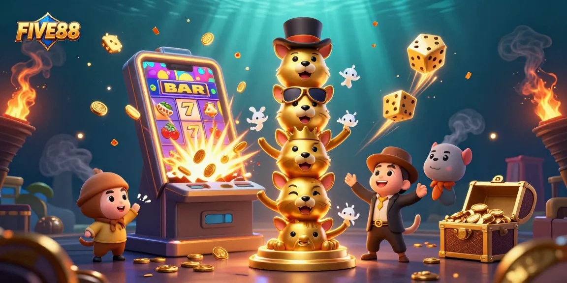 Experience the excitement of FIVE88 with dynamic casino elements and a lucky totem in action.