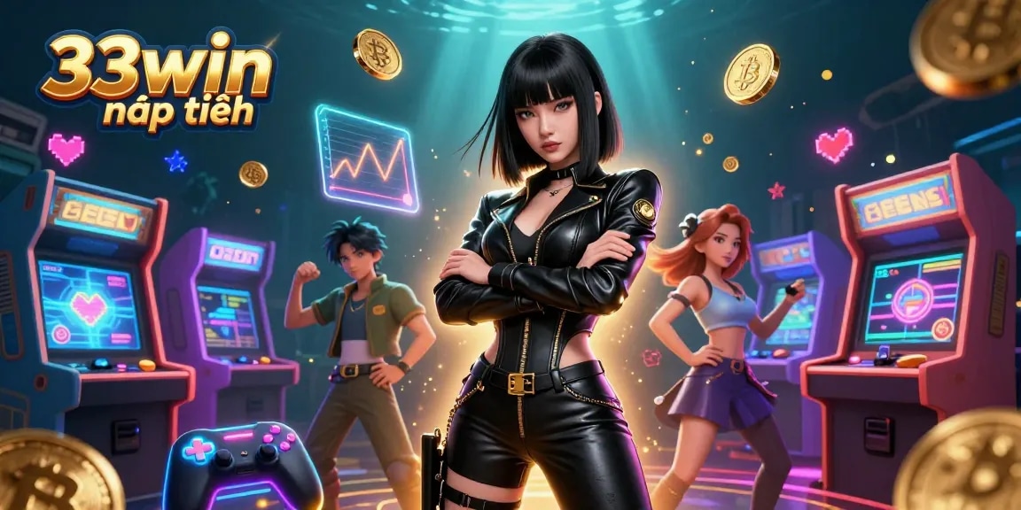 Experience thrilling gameplay at 33win nạp tiền, featuring a powerful Asian woman in a dynamic casino scene filled with gold coins and gaming elements.