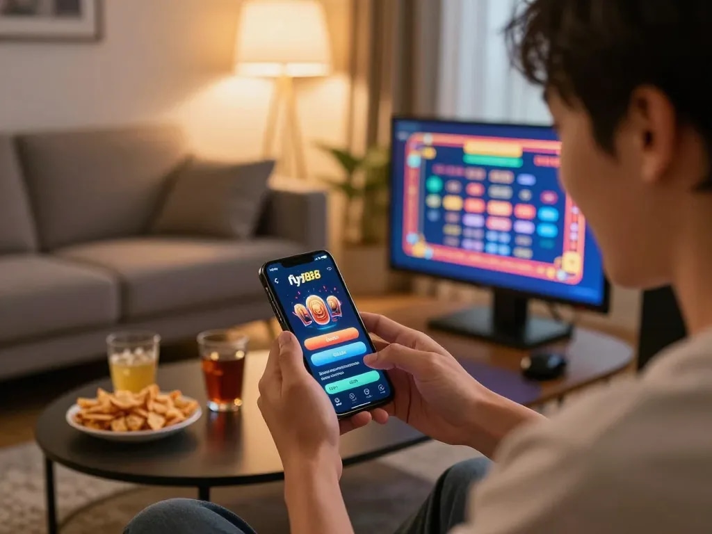 Engaging user experience in fly88 đăng nhập app, showcasing mobile gaming excitement at home.
