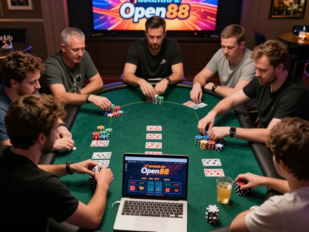 Players enjoying an intense poker game on the Open88 platform, showcasing strategic gameplay.