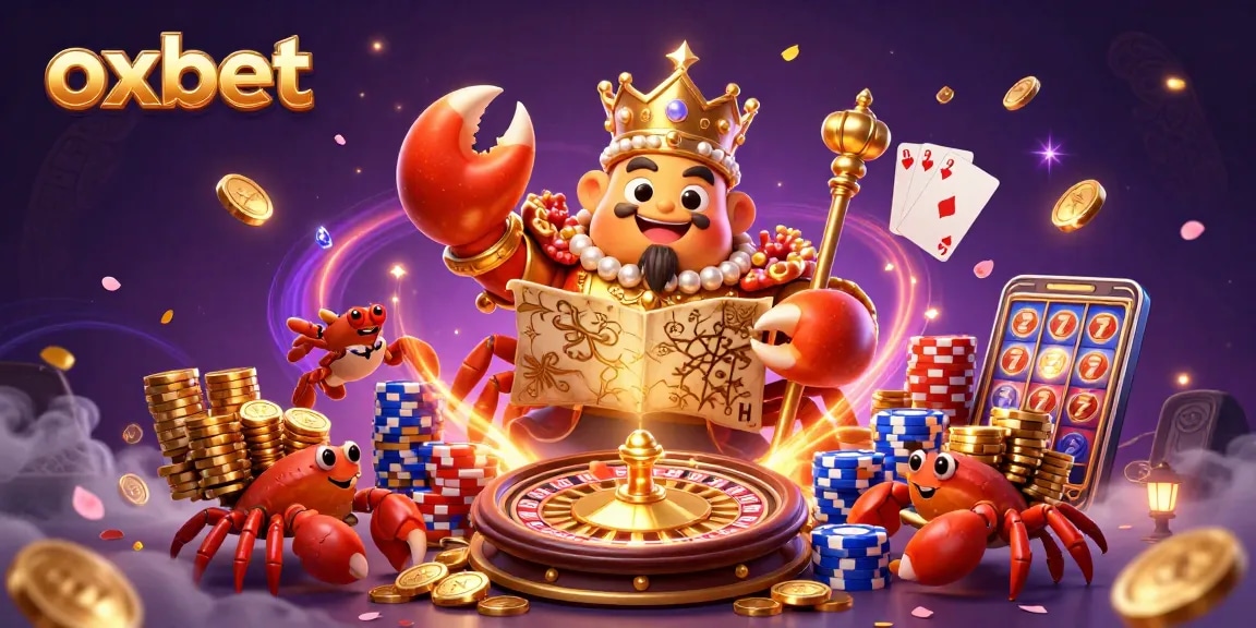 Players experience thrilling action at OXBET with a golden crab emperor in a vibrant casino scene.