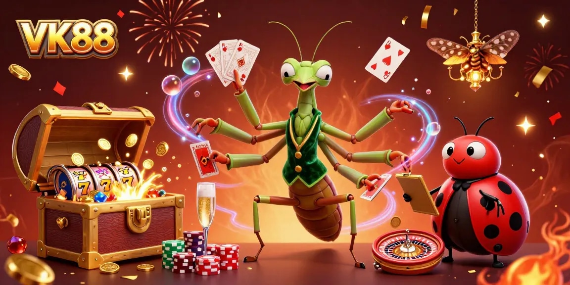 Experience the excitement of VK88 casino with a vibrant illustration of a giant praying mantis card sharp dealing cards and celebrating winnings amidst slot reels.