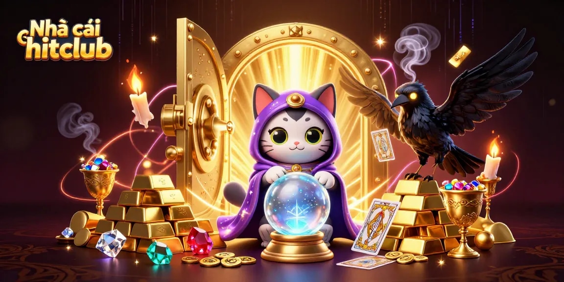 Experience the thrill of Nhà cái hitclub with dynamic characters and rich casino elements in 3D illustration.