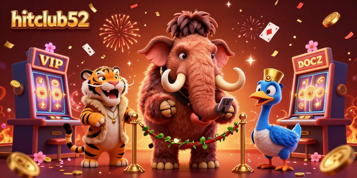 Experience thrilling gameplay at hitclub52 with a vibrant casino scene featuring a mammoth bouncer and VIP guest.