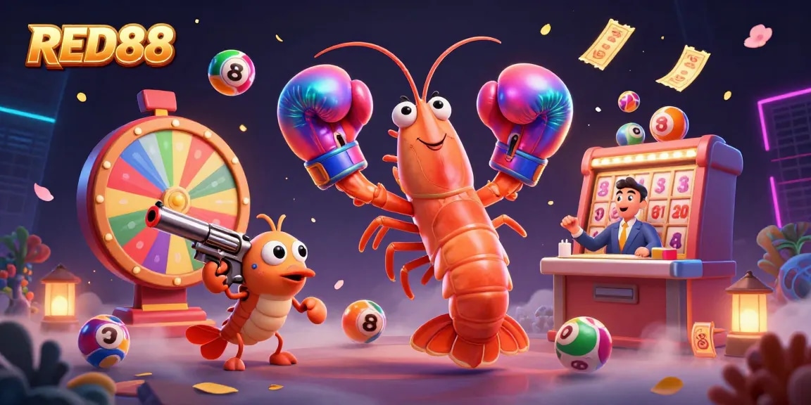 Join the fun at RED88 with colorful lottery balls and a vibrant prize wheel in this captivating casino scene.
