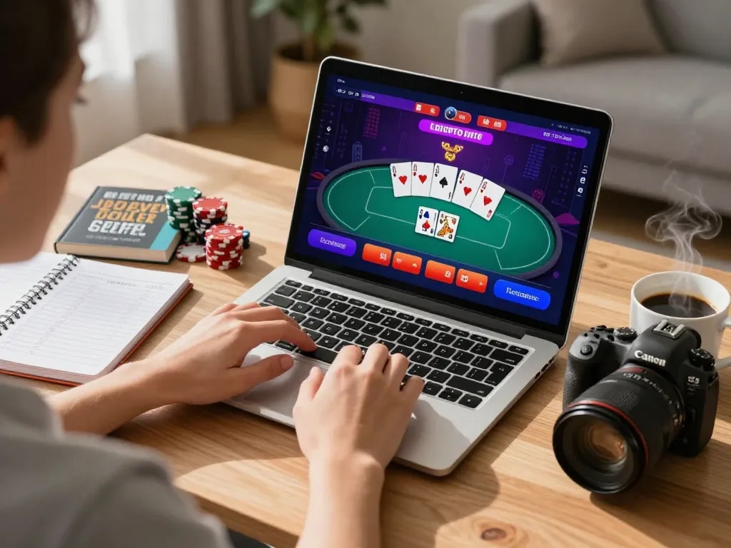Ku88 online player strategizing poker bets at a modern home office
