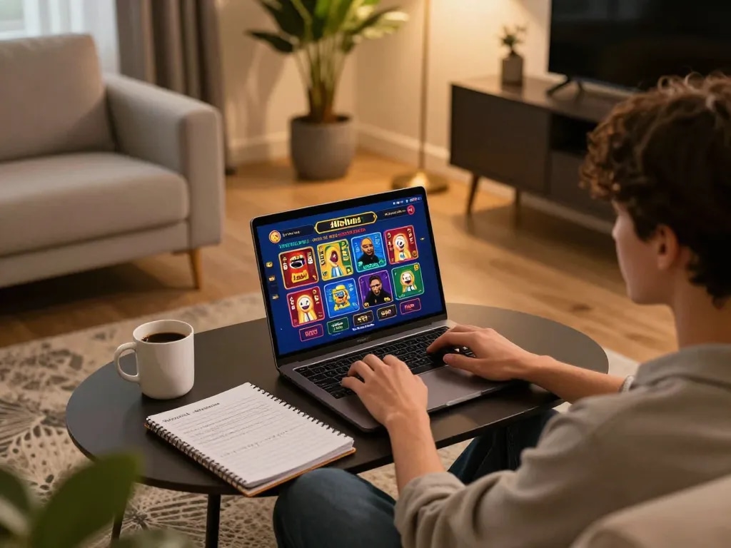 Player engaging in online casino gaming on Hitclub platform from a cozy home setup.