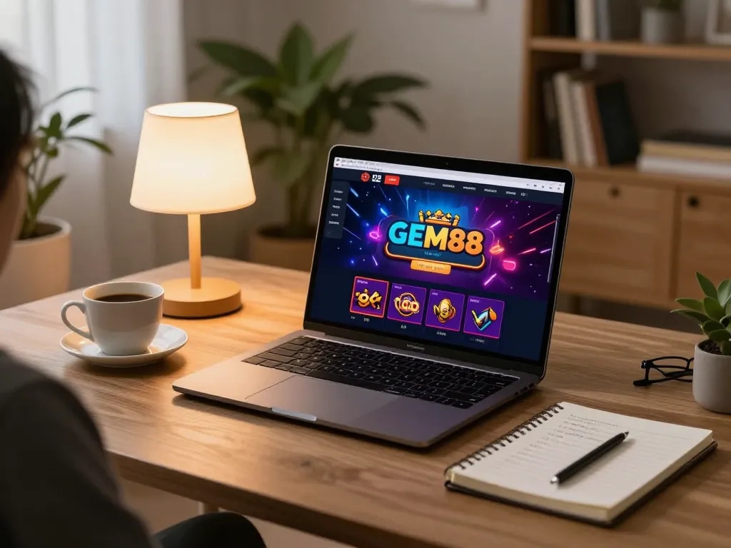 GEM88 online gaming experience with a vibrant interface displayed on a laptop, cozy home setting.