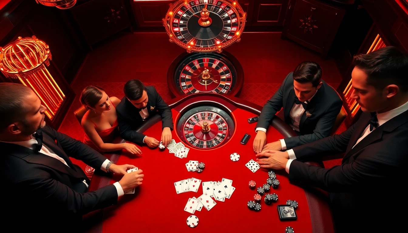 Players engaged in a high-stakes game at a luxurious casino table representing https://lode88.network/ with poker chips and cards.