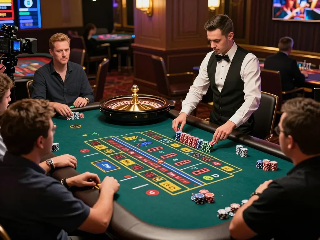 Players enjoying live dealer action at Hitclub's roulette table in a vibrant online casino.