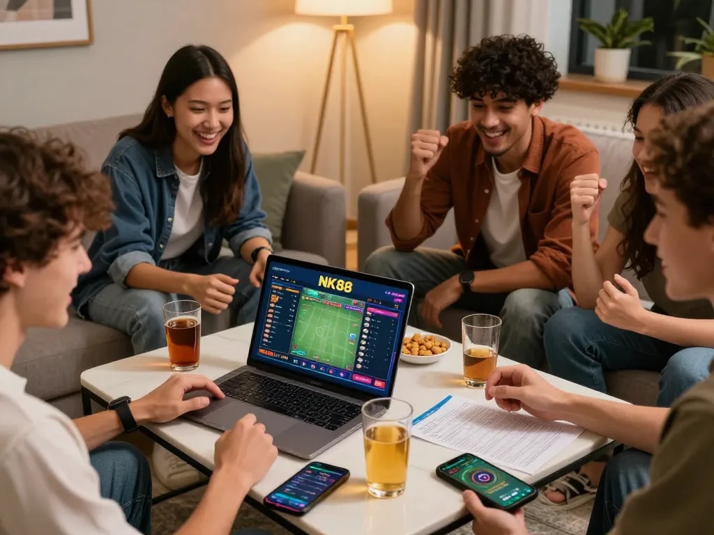Friends enjoying sports betting at home on NK88 platform