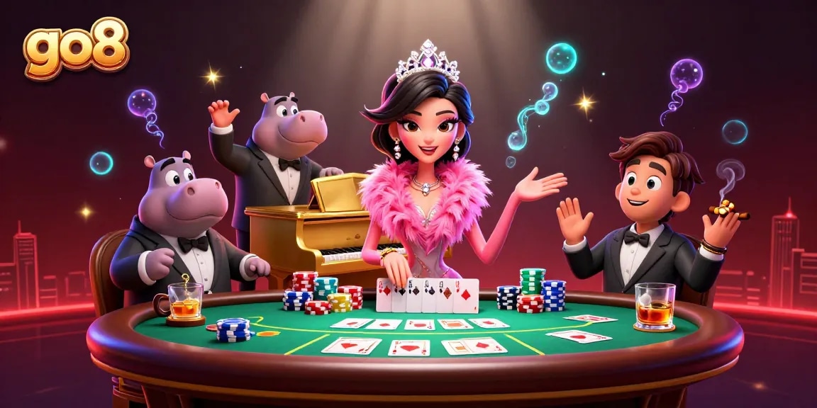 Experience the excitement of go8 with colorful poker chips and vibrant characters in a dynamic casino scene.