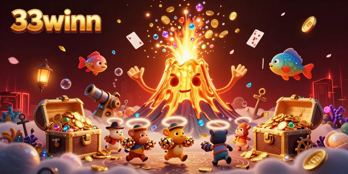 33winn showcases a vibrant casino scene with golden lava, treasure-filled animals, and dynamic gaming elements.