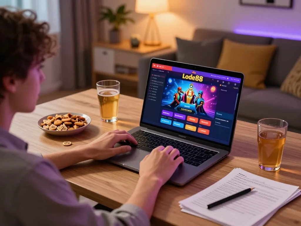 Experience the excitement of lode88 online gaming with a player enjoying a thrilling casino session at home.