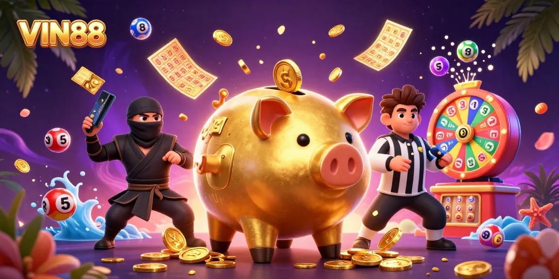 Experience thrilling gaming with VIN88 as a golden piggy bank sumo wrestler shakes coins everywhere in a vibrant casino scene.