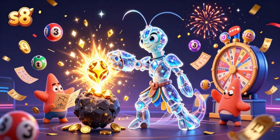 S8 casino transforms gameplay with exciting prizes and golden gems falling around vibrant characters.