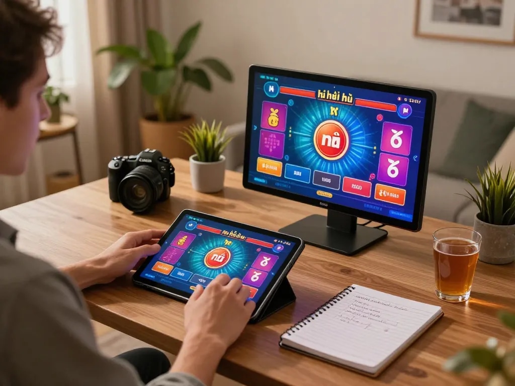 Nổ hũ online gaming experience on tablet with vibrant interface and strategy notes.