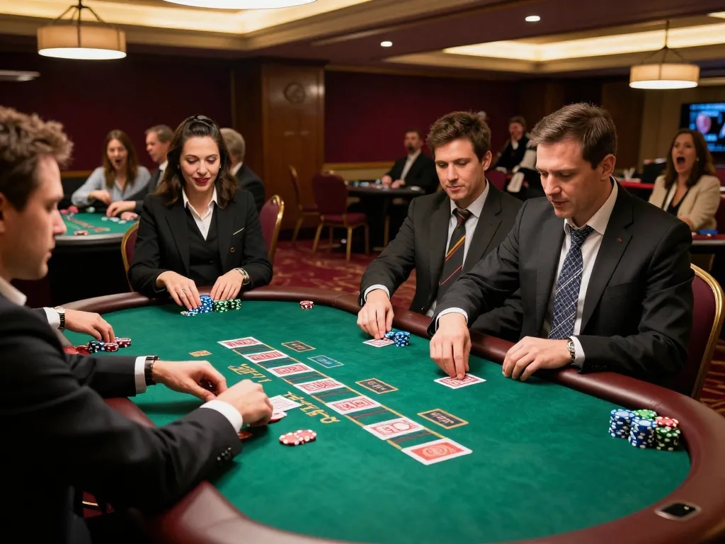 Players enjoying blackjack action at 9Bet com casino tables, with chips and cards creating an exciting atmosphere.