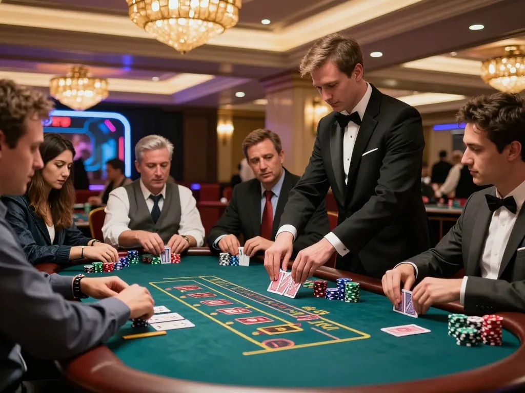 Players strategically placing bets at an lc88 blackjack table, engaging with their dealer in a luxurious casino.