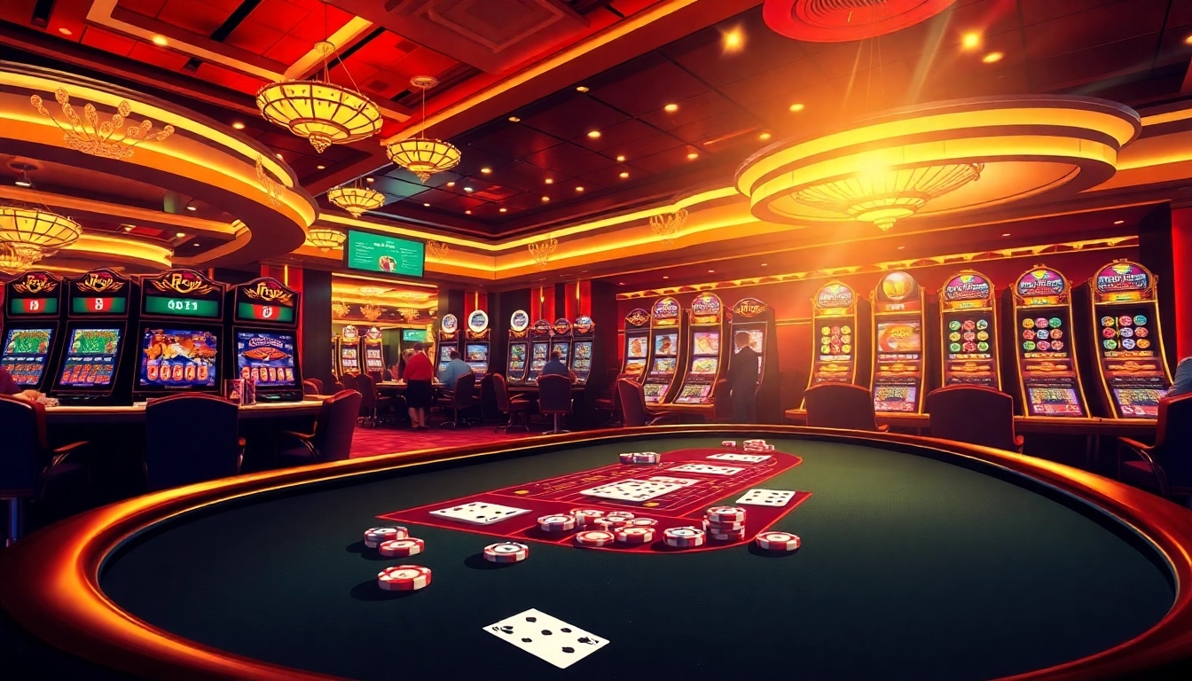 Experience the thrill of RED88 with engaged players at a luxurious blackjack table in a vibrant casino.