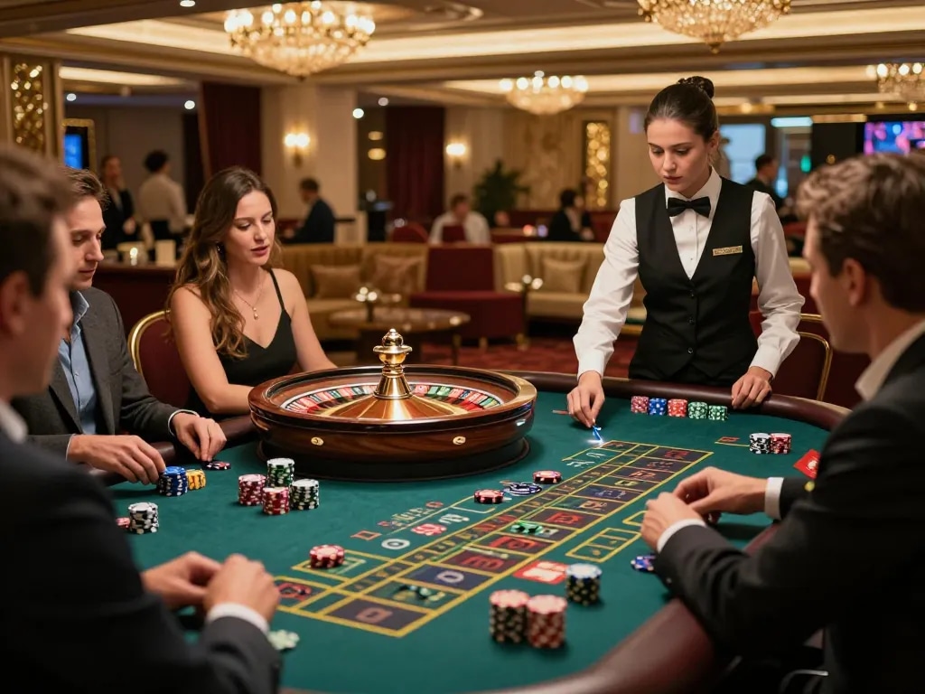 33winwood players engaged around a roulette table, placing bets with excitement in an elegant casino.