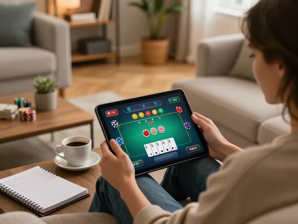 Gambling on S666.com poker game with strategic notes on a cozy home setup