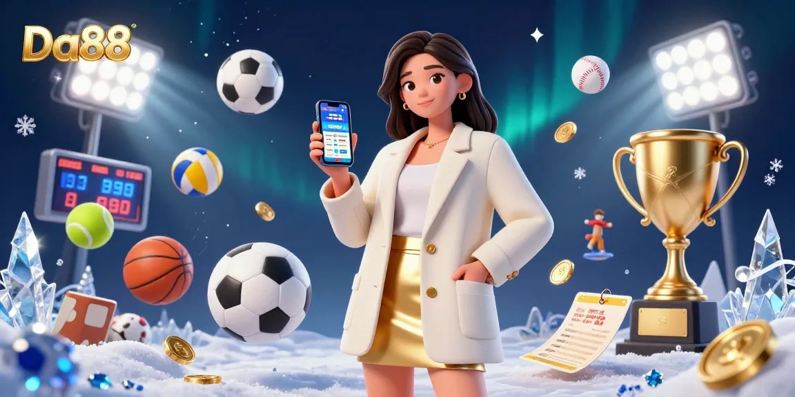 Engage with Da88 sports betting, showcasing a stylish woman excitedly using the app amidst dynamic 3D sports elements.