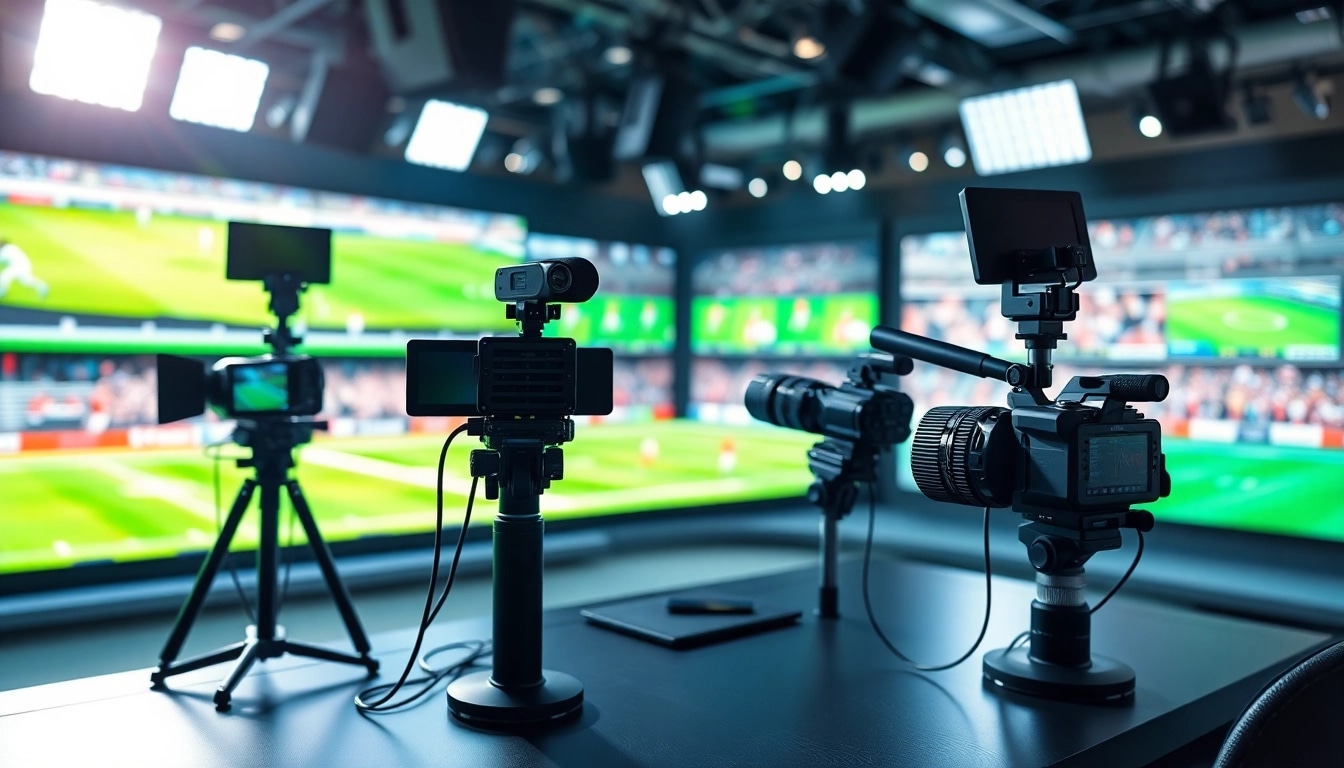 Engaging sports broadcasting setup showcasing cameras and studio equipment for live events.