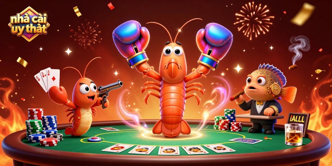 Engage with nhà cái uy tín in vibrant 3D illustration featuring cartoon shrimp at a poker table.
