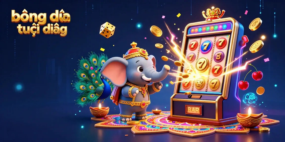 Experience bóng đá trực tiếp with a vibrant scene featuring an elephant and peacock, amidst a dazzling casino environment.
