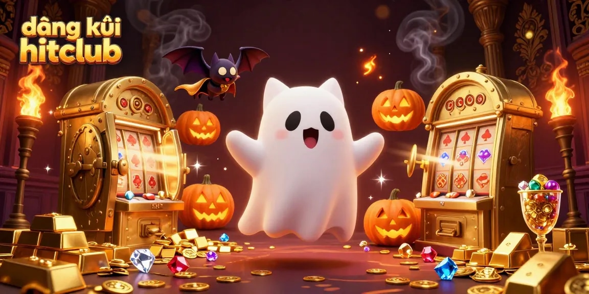 Engage in đăng ký hitclub with a ghost cat and bat in a lively haunted casino setting.