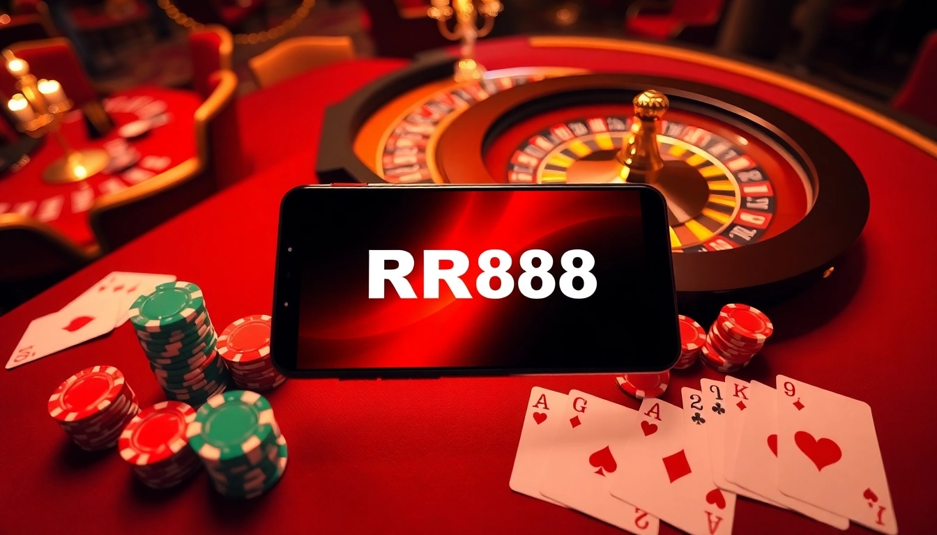Playing with RR88 APK at a luxury casino showcasing vibrant tables and exciting gameplay.