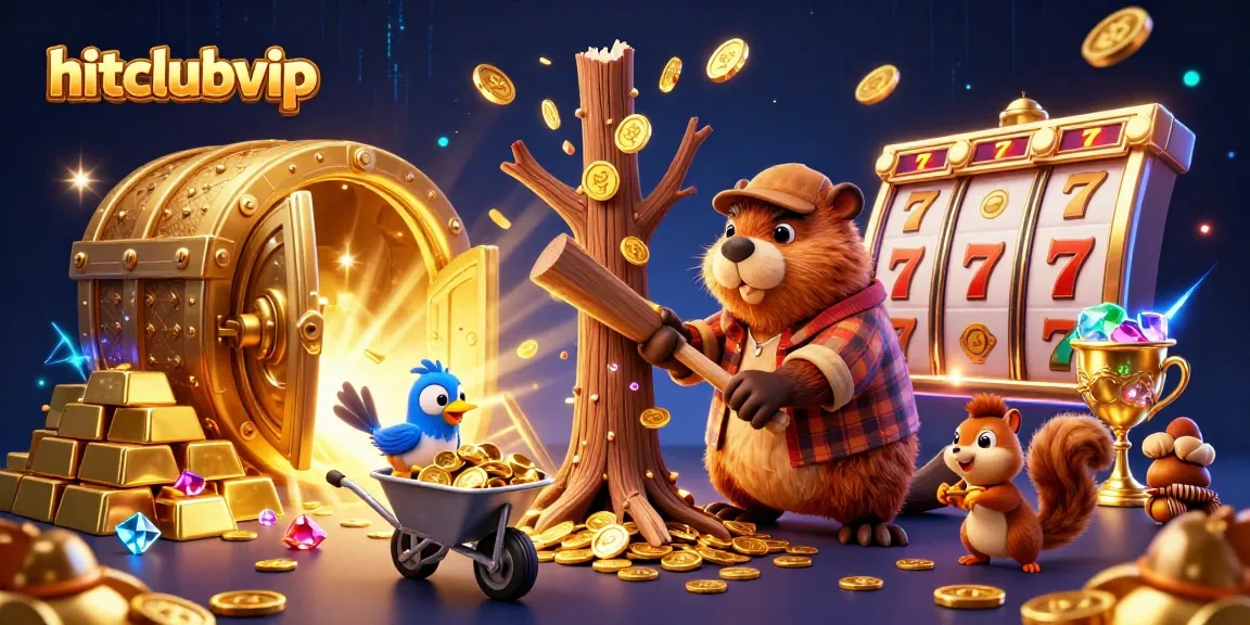 Experience the excitement of hitclubvip with a playful lumberjack collecting golden coins in this vibrant 3D casino illustration.