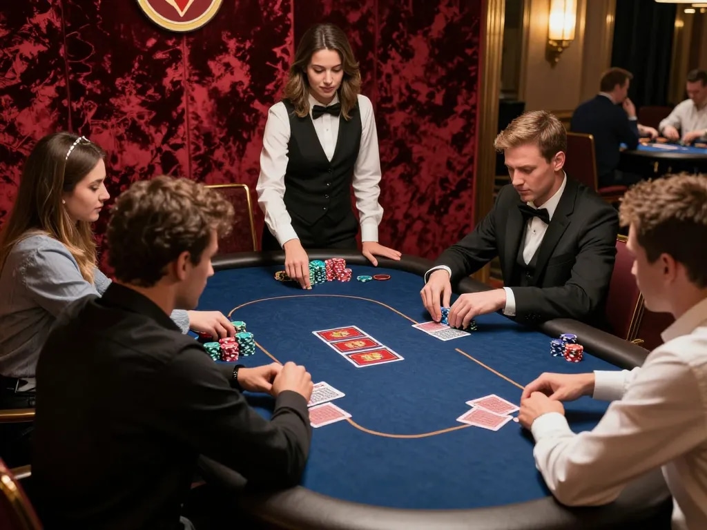 Alo8 Center engages players in an heated poker game, showcasing strategy and excitement at an upscale casino.