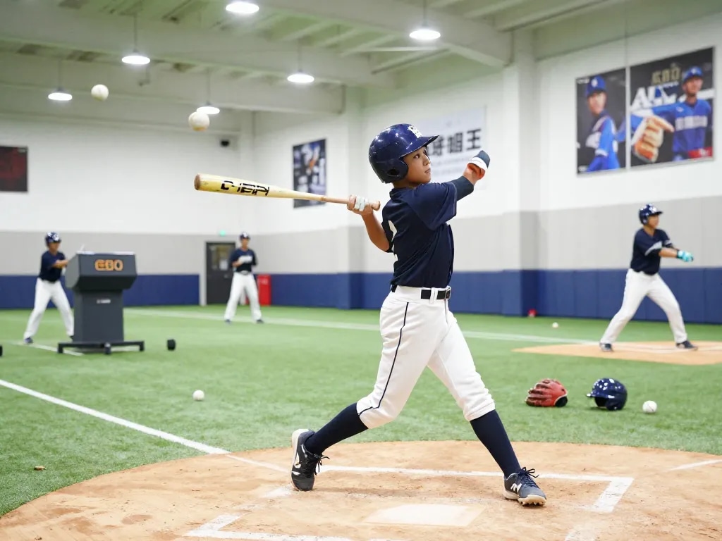 Young athlete practicing baseball swing at hit club training facility.