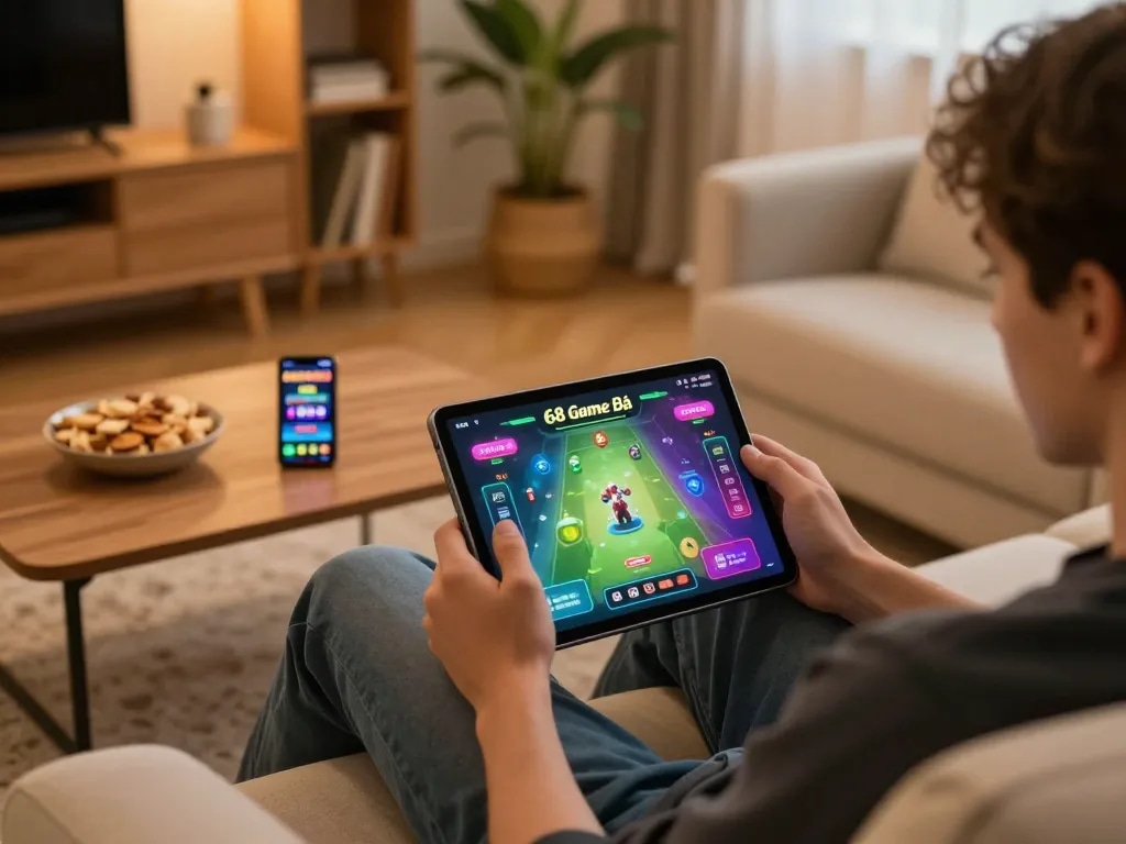 Engaging in online gaming on 68 Game Bài with a tablet, creating a cozy gambling atmosphere