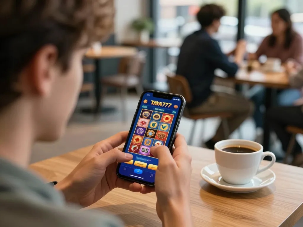 TAYA777 player celebrating a win on mobile slots app in a cozy café setting