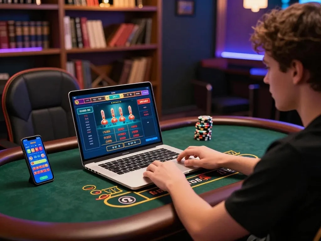 Engaged player enjoying tg88 live dealer game on laptop, showcasing a vibrant online gaming setup.