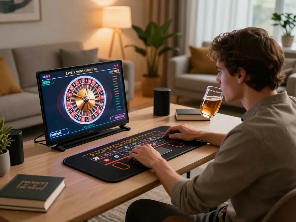 Engaged user enjoying fun88 link for exciting live dealer roulette online gaming experience at home