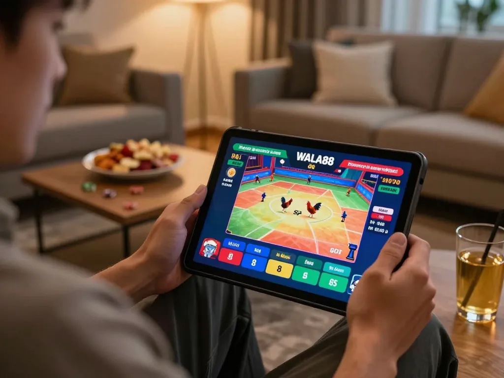 Engaging in WALA88 đá gà on a tablet, showcasing live chicken fighting and betting excitement.